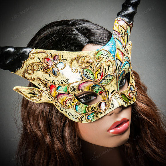 Krampus Black Horn Crackle Animal Devil Party Mask - White Gold - Picture 10 of 10